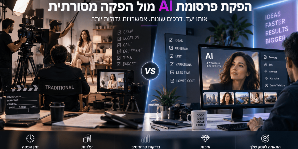 הפקת פרסומת AI מול הפקה מסורתית – מה באמת משתלם יותר לעסקים?