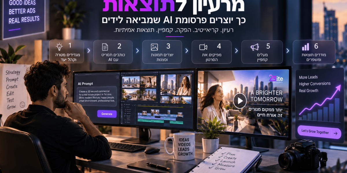 יצירת פרסומת AI אינה מתחילה בפרומפט ואינה מסתיימת ביצירת הסרטון.

התהליך מתחיל בהבנת העסק והקהל.

לאחר מכן, מפתחים רעיון, כותבים תסריט, יוצרים את החומרים ומבצעים עריכה.

בהמשך, מחברים את הפרסומת לדף נחיתה, מגדירים מדידה ומפעילים את הקמפיין.

לבסוף, בוחנים את התוצאות ומשפרים את הקריאייטיב בהתאם לנתונים.